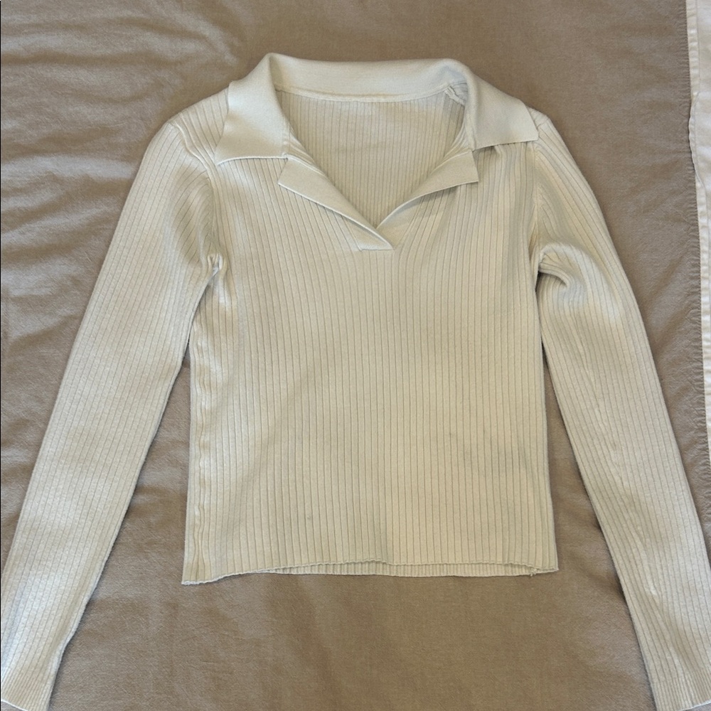 Cream Ribbed Long Sleeve Collared Top